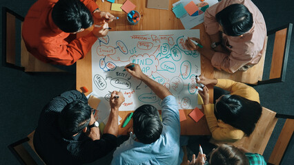 Top down view of business team working together by using mind map brainstorming idea and sharing...