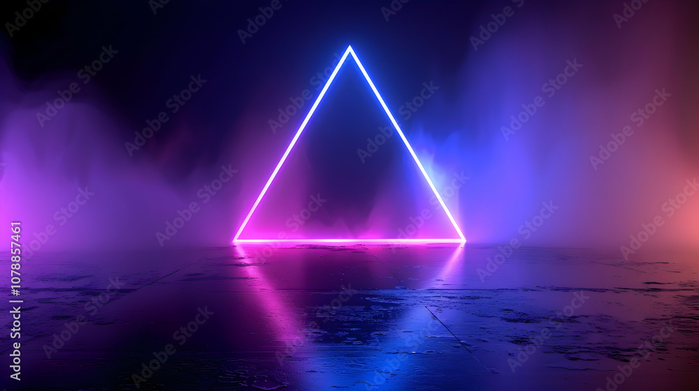 Aufkleber 3d rendering of a glowing neon triangle shape over a grunge surface with fog