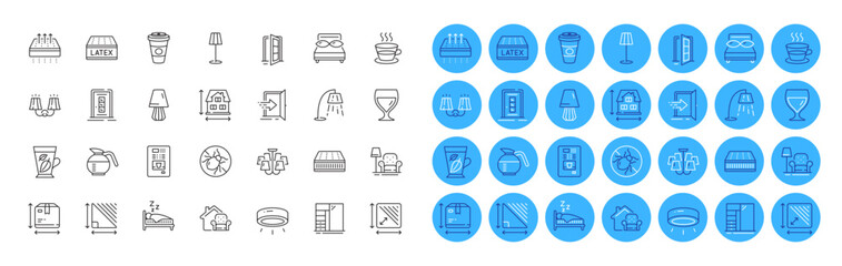 Stand lamp, Led lamp and Takeaway coffee line icons pack. Coffee cup, Coffeepot, Mattress web icon. Open door, Wine glass, Furniture moving pictogram. Mint leaves, Pillows, Cupboard. Vector