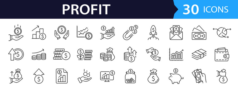Financial profit set of web icons in line style. Money income linear icon collection. Containing money savings, finance, growth, investment, payment, earnings, management and more. Editable stroke