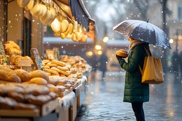 A woman walks down the street in Paris, holding an umbrella and hat on her head, passing by stalls selling pastries and bread. The sky above is covered with snowflakes