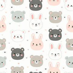 Cute Woodland Animals seamless pattern. Childish Cartoon Animals Background. Cute Cartoon bear, and rabbit. design for kids apparel, wrapping paper, wallpaper, fabric, textile and more.