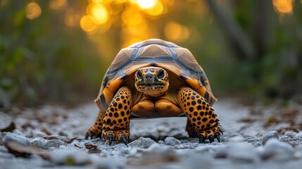 Obraz premium A close-up of a tortoise on a gravel path, illuminated by sunlight.