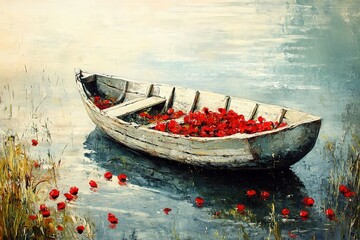 Obraz premium Watercolor Painting Of Old Boat With Flowers 