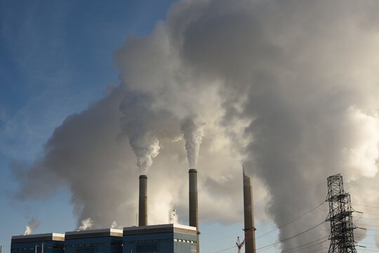 Emission clouds rising from a coal fired power station near Wheatland, Wyoming.	