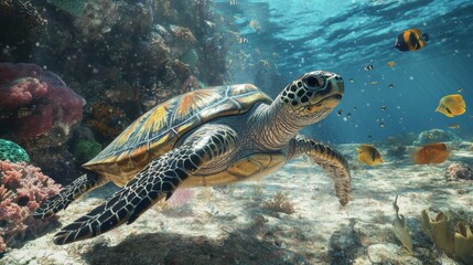Fototapeta premium Sea Turtle Swimming Through Vibrant Coral Reef