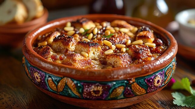 Mexican capirotada with pine nuts