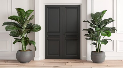 blank vertical black poster frame standing on light wooden floor against white wall