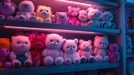 Obraz premium Cute Fluffy Animal Toys on a Shelf in Anime Manga Synthwave Style