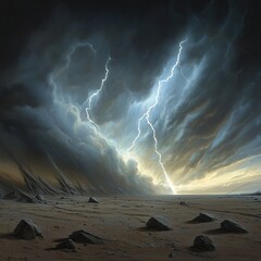 view desert rocks lightning bolt still frame titan three body problem composition during volumetry scattering space artists impression large cracks salt dunes