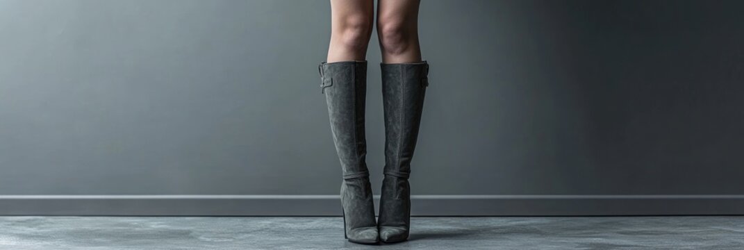 Sexy Grey High Heel Boots on Woman's Legs with Copy Space in Studio