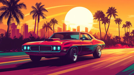 Clásico Retro en la Carretera al Atardecer