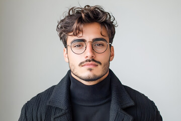 Obraz premium Fashion, glasses and a portrait of a man in the studio in a stylish, elegant and winter outfit. A serious man with glasses