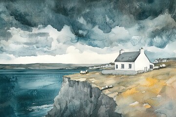 An oil painting on canvas of the most western point of United Kingdom, Lands End with the first and last house on the island, built right on the edge of the cliffs overhanging the ocean shore.
