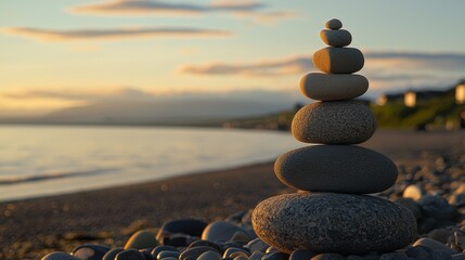 Serene Stack of Stones by the Tranquil Shoreline