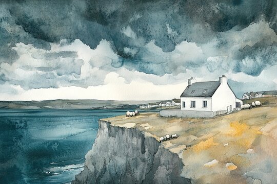 An oil painting on canvas of the most western point of United Kingdom, Lands End with the first and last house on the island, built right on the edge of the cliffs overhanging the ocean shore.

