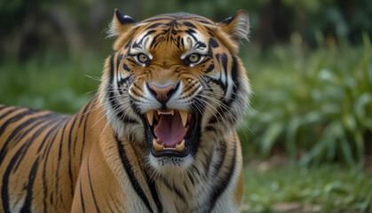 Fototapeta premium Close up a angry tiger head blurry green nature background. Generative Ai