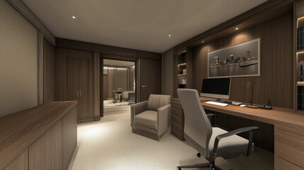 Modern Workspace with Sleek Design and Warm Lighting