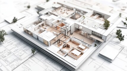 Aerial view of a modern architectural model showcasing interior layout.