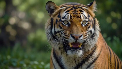 Fototapeta premium Close up a angry tiger head blurry green nature background. Generative Ai