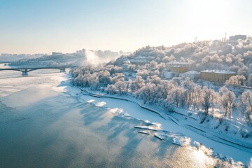 Obraz premium Sunny Winter Aerial View of Kiev Cityscape and Frozen Dnieper River