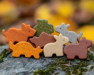 Animalshaped wooden puzzle pieces, scattered on a mossy rock in the woods, puzzle, outdoor adventure