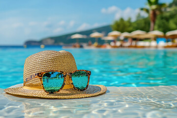 National Hat DayA straw hat and sunglasses rest by a sparkling pool, with lush greenery and umbrellas in the background, evoking a relaxing summer vibe.