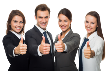 Group of three smiling business individuals standing together in a contemporary office, each giving a thumbs up gesture to convey thank you and success