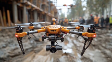 A drone equipped with a camera hovering at a construction site.
