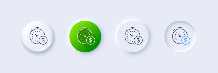 Last minute sale line icon. Neumorphic, Green gradient, 3d pin buttons. Shopping timer sign. Supermarket time symbol. Line icons. Neumorphic buttons with outline signs. Vector