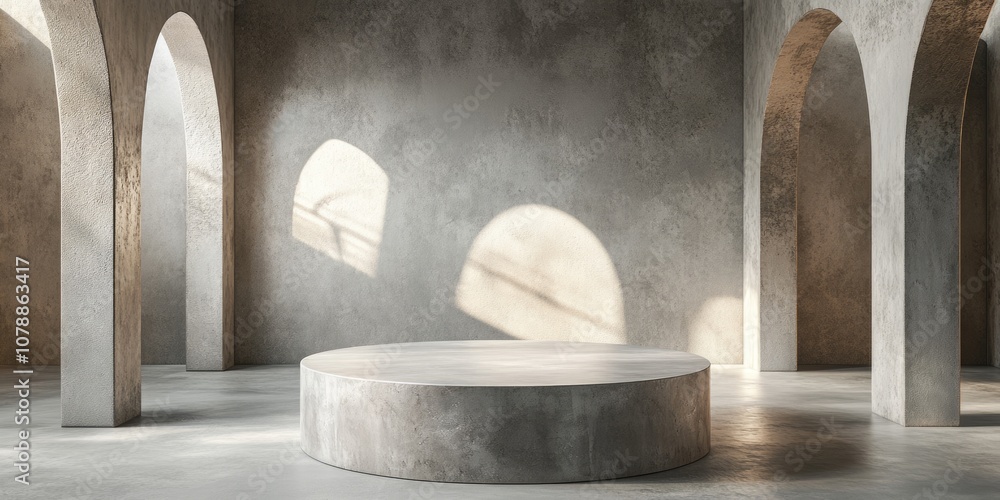 Poster round concrete podium with arch design for product display in minimalistic hall