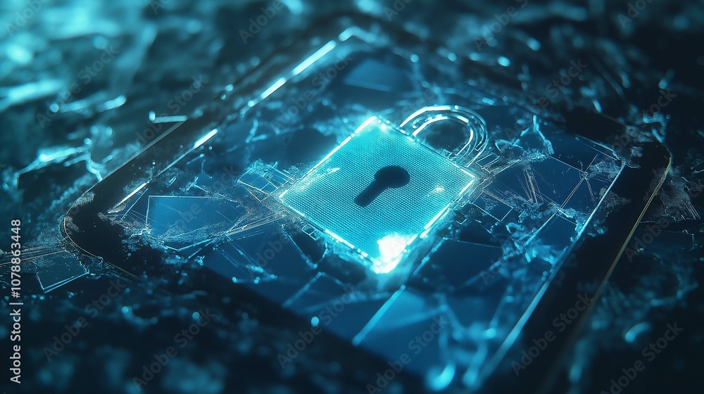 Poster digital padlock on a shattered surface representing cybersecurity, encryption, and data protection i