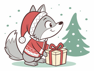 cute wolf with christmas gifts