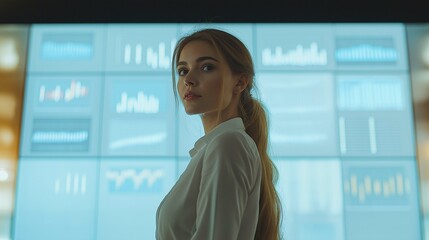 Young professional woman in modern office environment, looking confidently at camera with data visualization screens in the background, showcasing business analytics and progress in technology