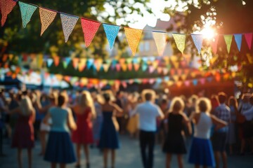 Lively Outdoor Celebration with Colorful Banners and Crowd