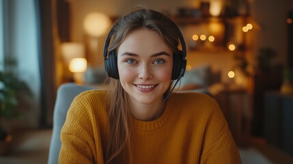 Young woman wearing headphones smiles warmly while sitting at a desk in a cozy room decorated with soft lighting and plants, embodying a sense of happiness and comfort