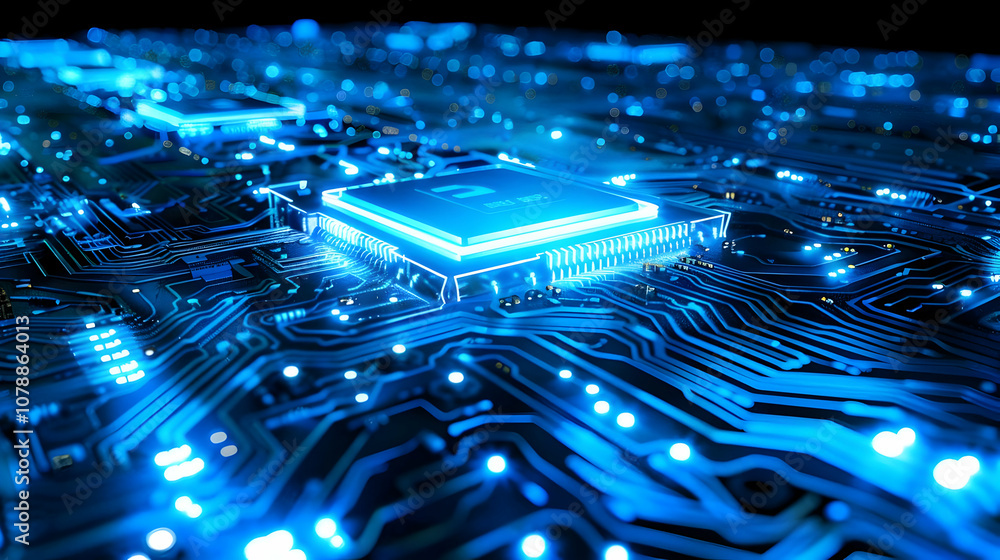 Poster a 3d rendered close-up of a blue circuit board with a glowing cpu chip, highlighting the complexity 