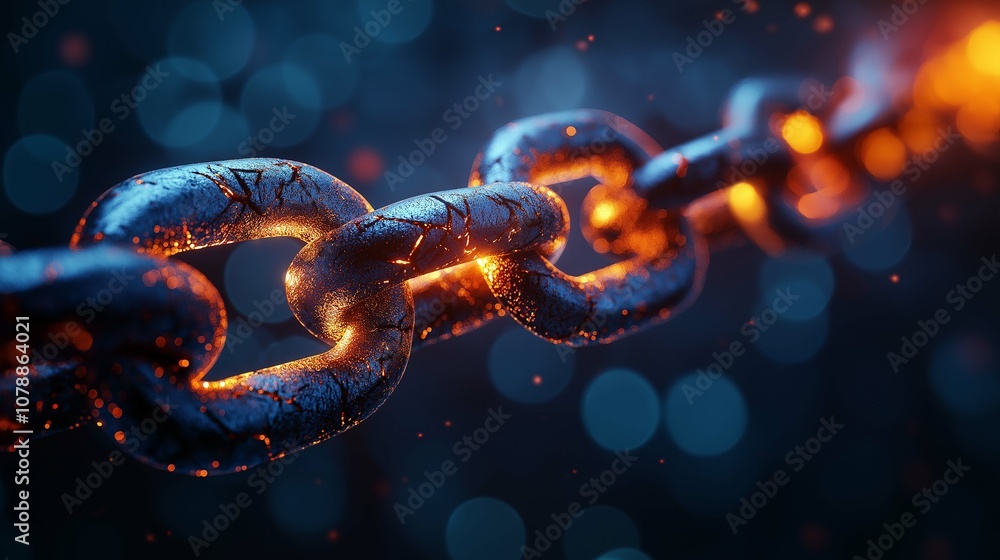 Poster close-up of glowing chain links with a vibrant blue background, showcasing textures and details in a