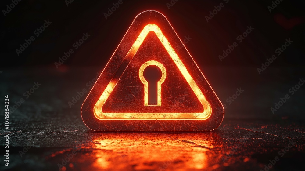 Poster illuminated warning triangle with a glowing keyhole symbol representing security, caution, and safet