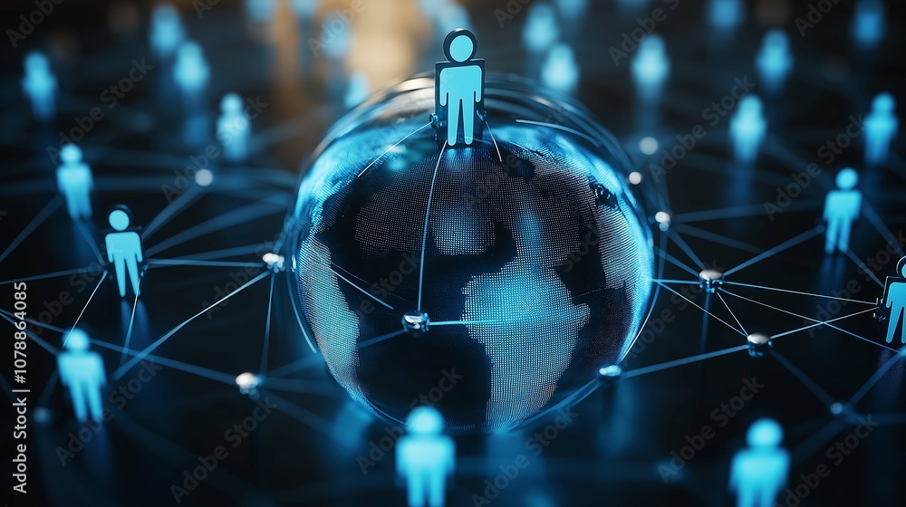 Aufkleber blue connections representing global networking with human figures standing on a digital globe in a 