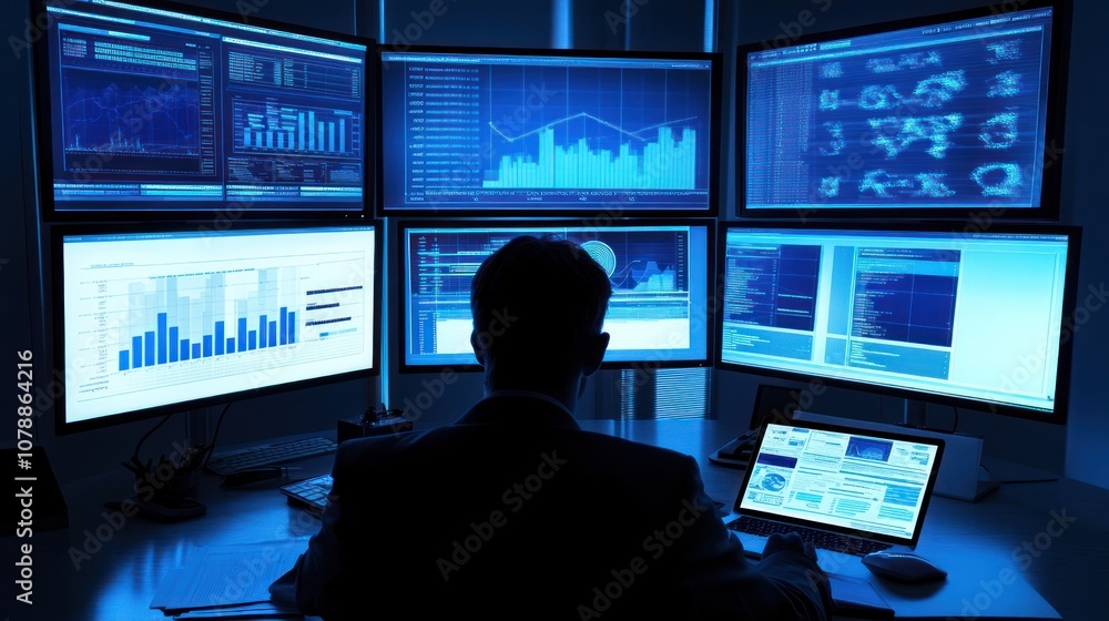 Poster a person analyzing data on multiple screens in a modern office setting.