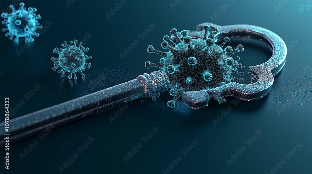 Aufkleber conceptual illustration of a key with a virus structure, symbolizing access to solutions for pandemi