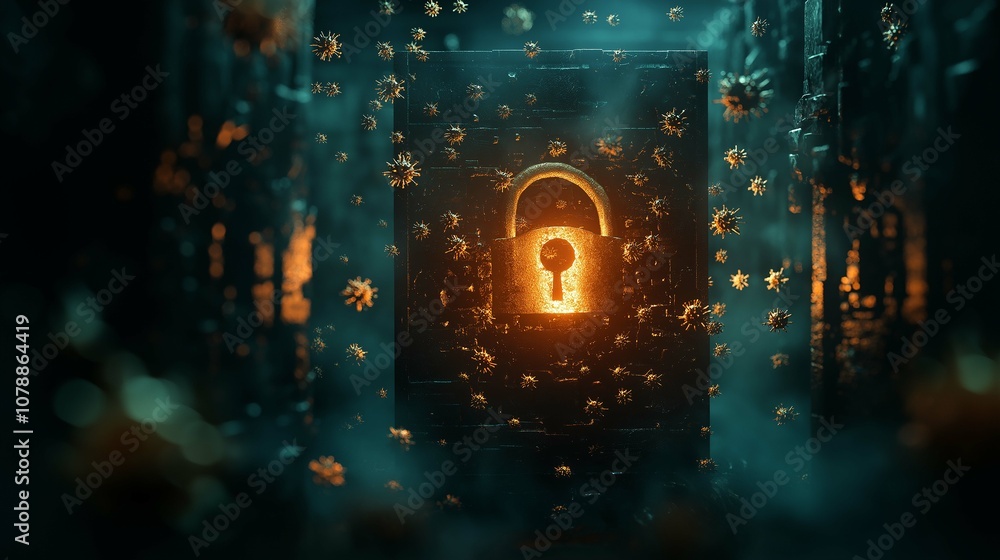Poster surreal imagery of a locked safe surrounded by floating particles representing security and protecti