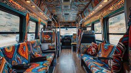 Obraz premium Colorful and vibrant interior of a converted bus with patterned upholstery and overhead lighting.