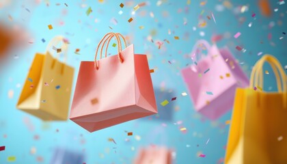 Colorful flying shopping bags isolated on blurred pastel blue background with confetti