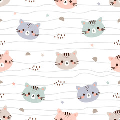 Cute cat pastel seamless pattern. Childish Cartoon Animals Background. Design for textile, fabric, wrapping, wallpaper, print. Vector illustration