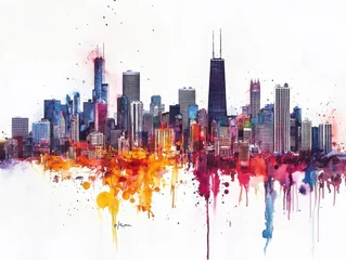 Tableau sur plexiglas Aquarelle gratte-ciel A detailed watercolor painting of the Chicago skyline against a white background, Depict the diversity of architectural styles that define Chicago's unique skyline  © Johannes