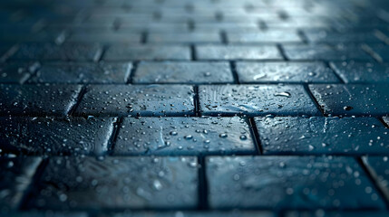 A Close-Up View of Wet, Grey, Brick Pavement With Raindrops, Creating a Textured and Moody Atmosphere