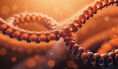 Holographic rendering of a DNA chromosomes representing digital, high-tech advances in medicine and human health in warm color tones