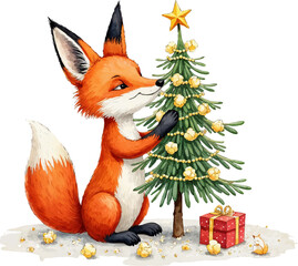 A cheerful fox decorates a Christmas tree with popcorn and a gift beside it in a festive winter setting. Watercolor kids Christmas illustration
